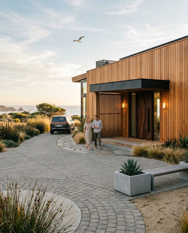 Portrait arrival view to cedar beach house with driveway, timber entry and golden-hour lighting Portrait arrival view to cedar beach house with driveway, timber entry and golden-hour lighting