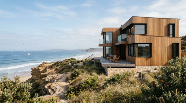 Hero exterior of a timber-clad modern beach house on coastal cliffs with ocean backdrop Hero exterior of a timber-clad modern beach house on coastal cliffs with ocean backdrop