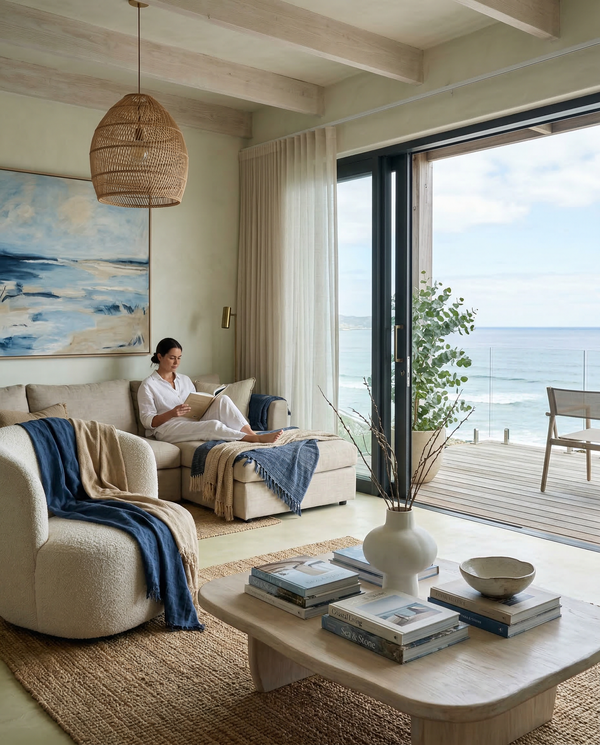 Indoor-outdoor living room with linen sofa, coastal textiles, open sliding doors to ocean view Indoor-outdoor living room with linen sofa, coastal textiles, open sliding doors to ocean view