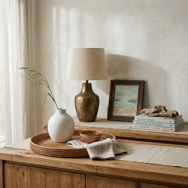 Square vignette of sculptural coastal styling with ceramics, linen, driftwood and framed art Square vignette of sculptural coastal styling with ceramics, linen, driftwood and framed art