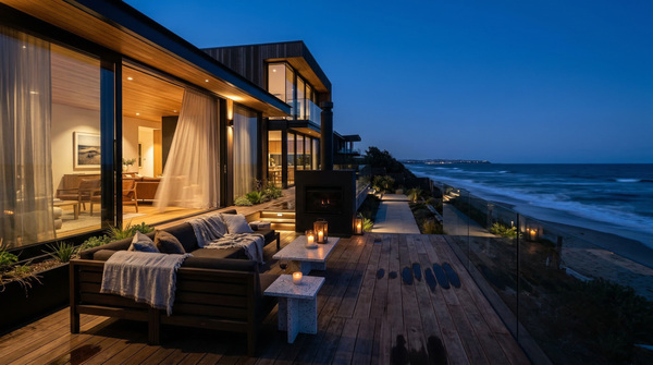 Twilight terrace of beach house with warm interior glow, outdoor fireplace and ocean backdrop Twilight terrace of beach house with warm interior glow, outdoor fireplace and ocean backdrop