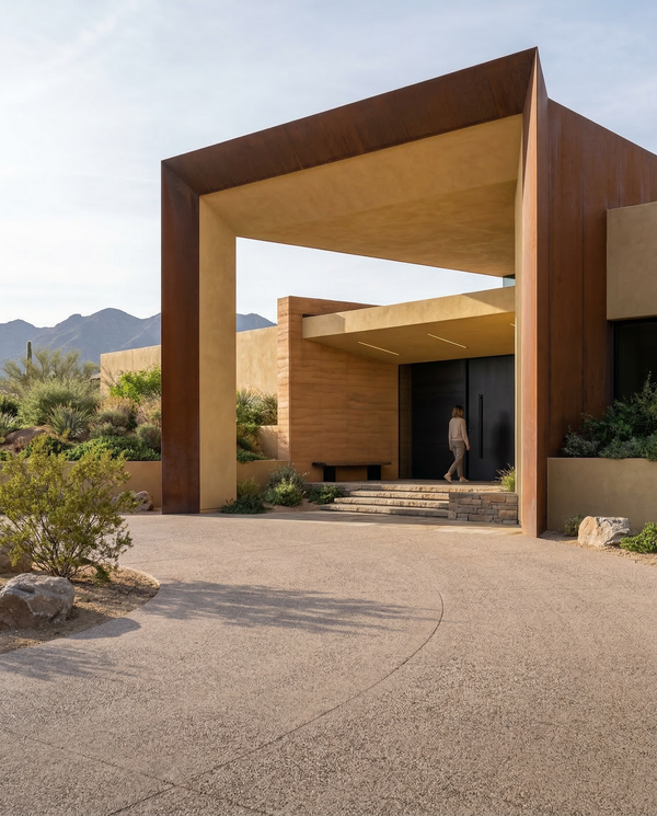 Vertical approach view of desert modern house with corten portal and curved aggregate driveway.