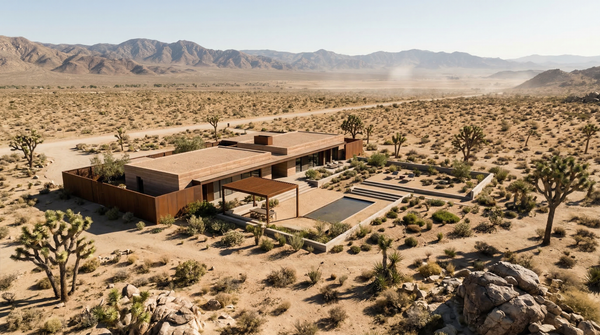 Elevated contextual aerial of desert modern house on arid plain with Joshua trees and mountains.