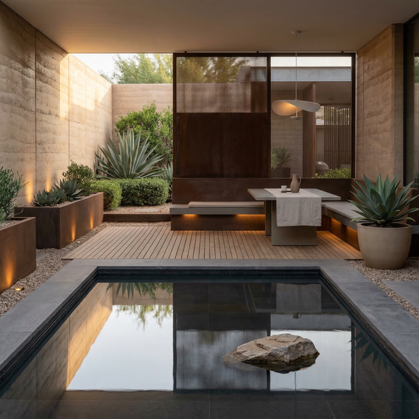 Square courtyard terrace with reflecting basin, low dining bench and corten screen in a desert house.