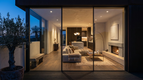 Twilight exterior showing warm plaster interiors through glass with low lounge seating and fire glow.