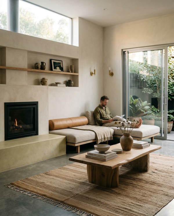 Vertical interior of desert living room with low linen sectional, plaster hearth and handwoven rug.