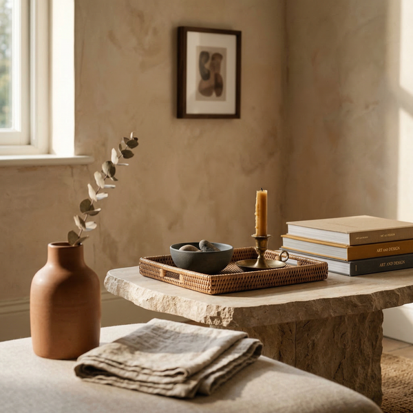 Square vignette of ceramic vase, linen and stone table against plaster wall showcasing tactile desert textures.