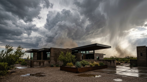 Dramatic storm study over desert modern house with rain shafts, darkened rammed earth and corten sheen.