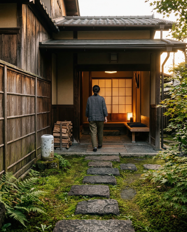 Approach shot to a recessed Japanese entry portal with stepping stones, moss, and a person for scale. Approach shot to a recessed Japanese entry portal with stepping stones, moss, and a person for scale.