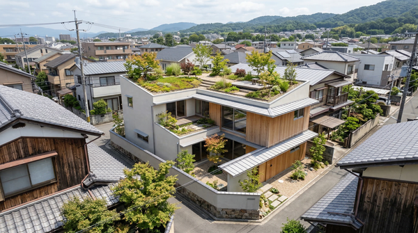 Elevated context view of a minimalist Japanese house with planted roof terraces and surrounding low-rise context. Elevated context view of a minimalist Japanese house with planted roof terraces and surrounding low-rise context.