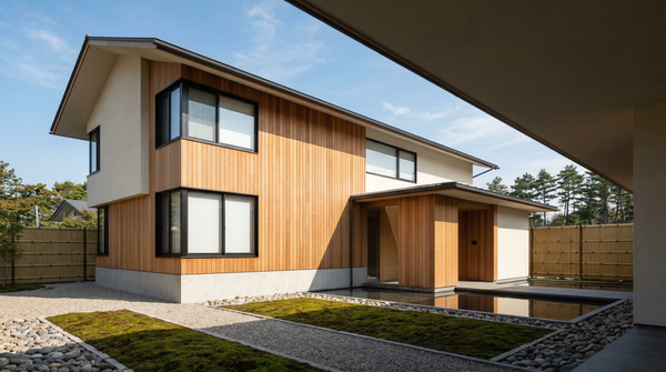 Hero exterior of a minimalist Japanese house with cedar cladding and Zen landscaping. Hero exterior of a minimalist Japanese house with cedar cladding and Zen landscaping.