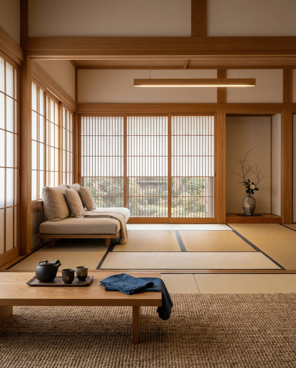 Serene timber living room with tatami layout, low cedar table, linen cushions, and shoji screens. Serene timber living room with tatami layout, low cedar table, linen cushions, and shoji screens.