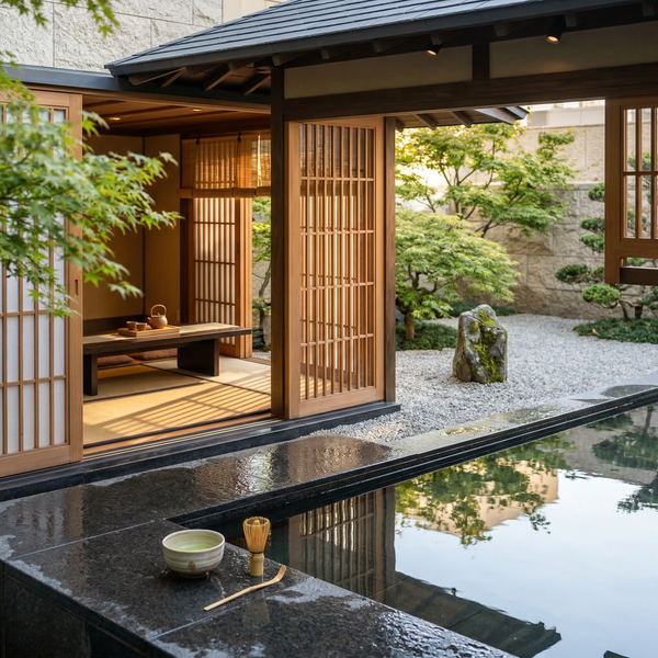 Sunlit terrace tea pavilion with reflecting pool, tatami bench and minimal ceramics, midday calm. Sunlit terrace tea pavilion with reflecting pool, tatami bench and minimal ceramics, midday calm.