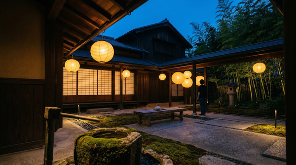Twilight courtyard of a Japanese house with warm paper lanterns and contemplative indigo sky. Twilight courtyard of a Japanese house with warm paper lanterns and contemplative indigo sky.