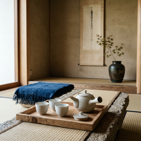 Vignette of matte porcelain tea set on cedar tray with sculptural vase and indigo textile accent. Vignette of matte porcelain tea set on cedar tray with sculptural vase and indigo textile accent.