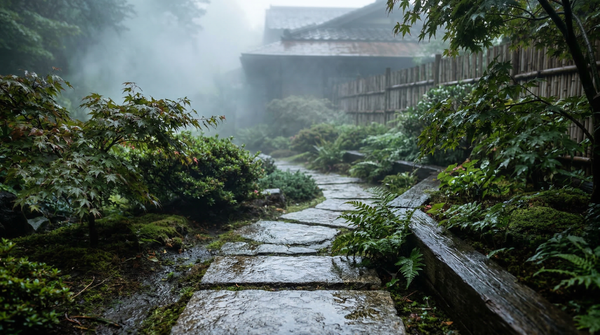 Mist-filled garden path with wet granite stones and cedar cladding, early dawn atmosphere. Mist-filled garden path with wet granite stones and cedar cladding, early dawn atmosphere.