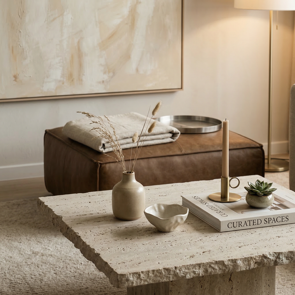 Curated coffee-table vignette with stone top, ceramic vase, linen throw and textured rug in warm tones.