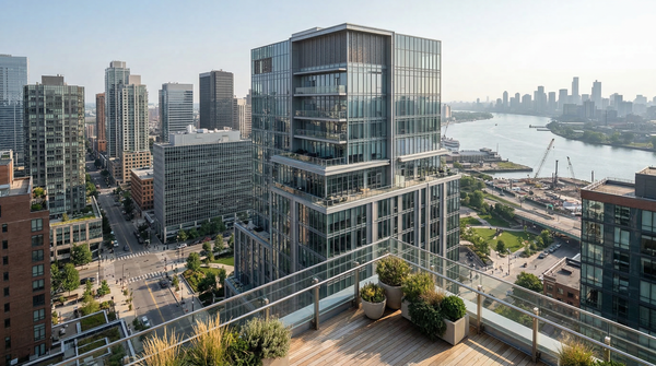 Elevated rooftop terrace view showing condo tower within the city skyline and river context.