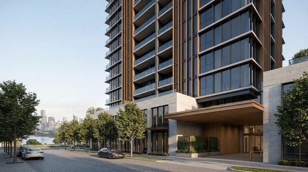 Sunlit luxury condo tower facade with podium, trees and reflective glass in morning.