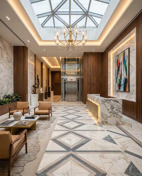 Hotel-style marble lobby with bookmatched stone, brass chandelier and curated seating for luxury residents.