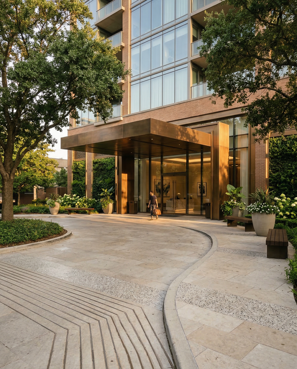 Golden-hour podium arrival with bronze canopy, limestone paving and a person for scale.