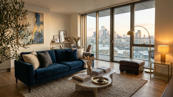 Stylish apartment living room with marble coffee table, velvet sofa and wide skyline views at dusk.