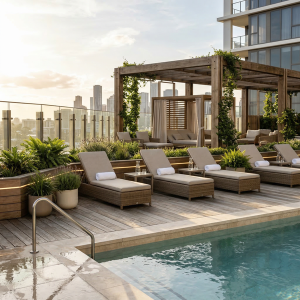 Sunlit sky garden terrace with wet-edge pool, teak deck, cabanas and skyline beyond in late afternoon.
