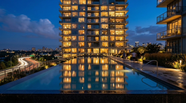 Twilight view of condo tower with reflective pool and warm interior lights against blue hour sky.