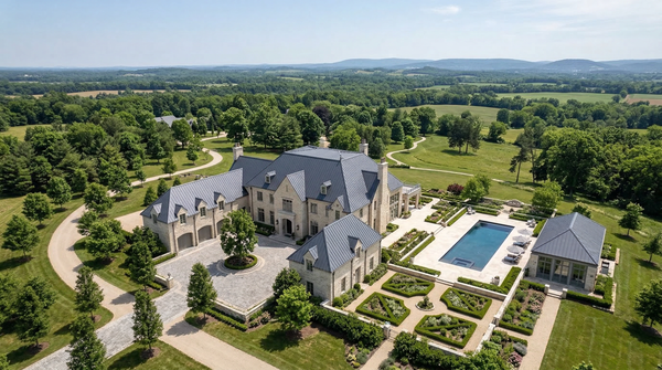 Elevated aerial view of luxury mansion and estate with pool, terraces, and gardens Elevated aerial view of luxury mansion and estate with pool, terraces, and gardens