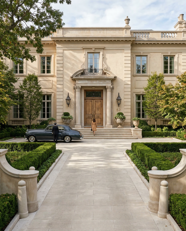 Formal approach to mansion with grand steps, double doors and two figures for scale Formal approach to mansion with grand steps, double doors and two figures for scale