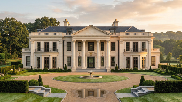 Symmetrical limestone mansion facade at sunrise with central portico and manicured drive Symmetrical limestone mansion facade at sunrise with central portico and manicured drive