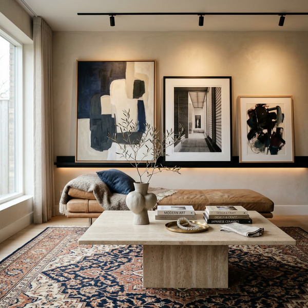 Styled interior vignette with art wall, stone coffee table, sculptural vase and hand-knotted rug Styled interior vignette with art wall, stone coffee table, sculptural vase and hand-knotted rug