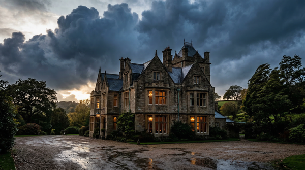 Stormy mood study of mansion with dramatic clouds, wet drive and warm interior window light Stormy mood study of mansion with dramatic clouds, wet drive and warm interior window light
