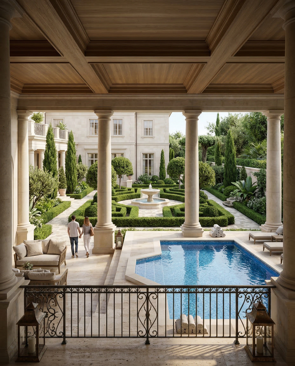 Terrace loggia overlooking formal courtyard and pool with two figures for scale and travertine finishes Terrace loggia overlooking formal courtyard and pool with two figures for scale and travertine finishes