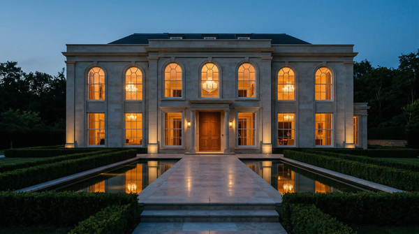 Twilight view of mansion with warm interior light and chandeliers visible through tall windows Twilight view of mansion with warm interior light and chandeliers visible through tall windows