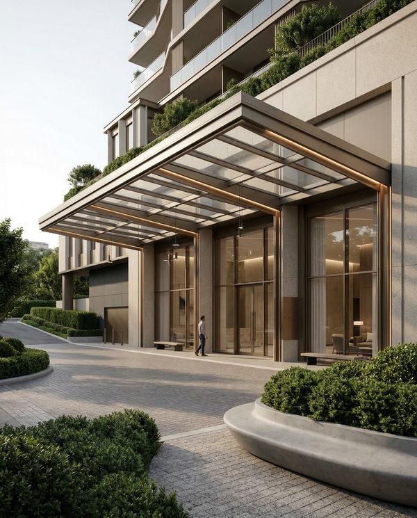 Portrait arrival shot of penthouse porte-cochère with valet and sculptural planters for scale
