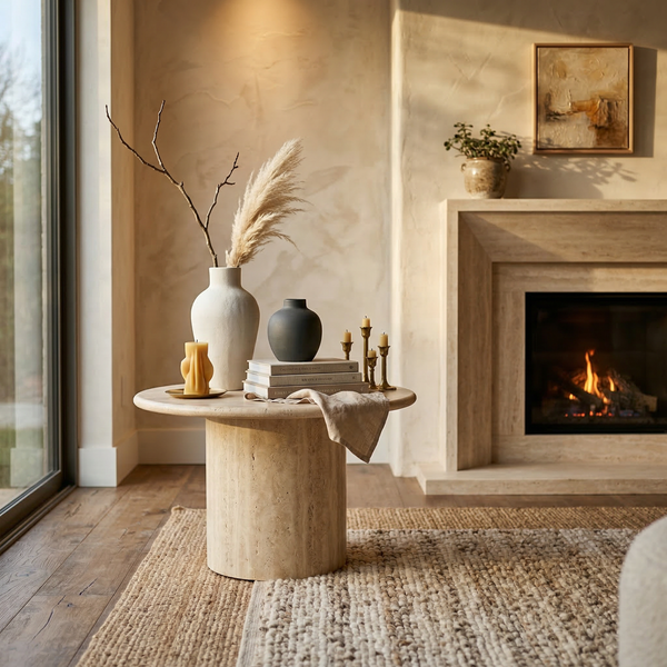 Square vignette of sculptural vases and stone table on layered rugs beside a textured fireplace