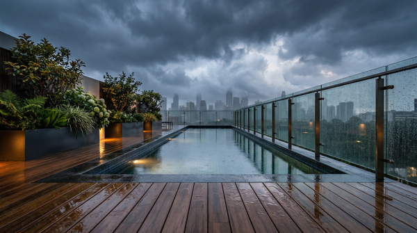 Moody terrace after rain with reflective teak decking, illuminated pool and clouded skyline