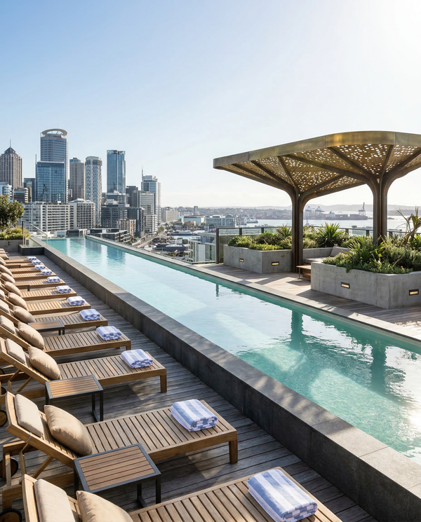 Portrait view of rooftop infinity pool and loungers with skyline backdrop and teak decking
