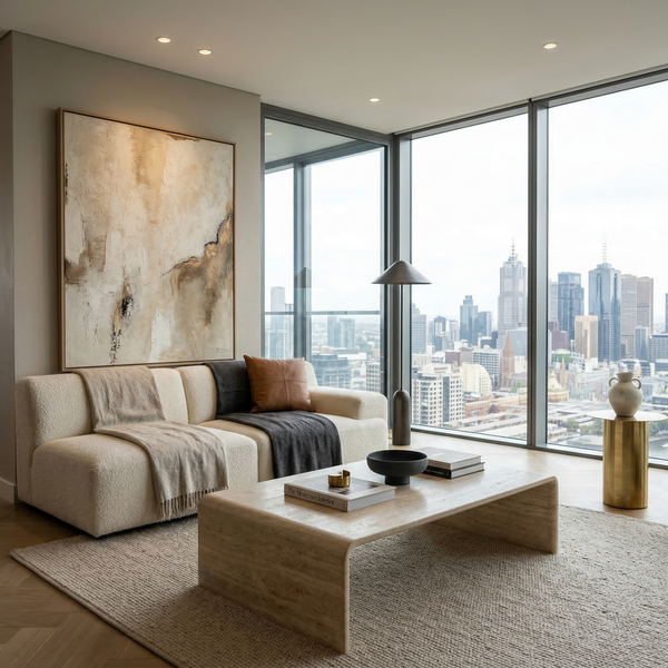 Square composition of luxury penthouse living room with stone coffee table, art wall and neutral textiles