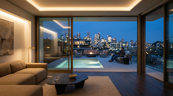 Twilight view from living room to illuminated terrace and city skyline, warm interior glow and pool reflections