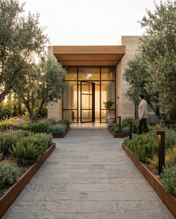 Vertical approach view down stone avenue to villa entrance with planted planters and a single person for scale. Vertical approach view down stone avenue to villa entrance with planted planters and a single person for scale.