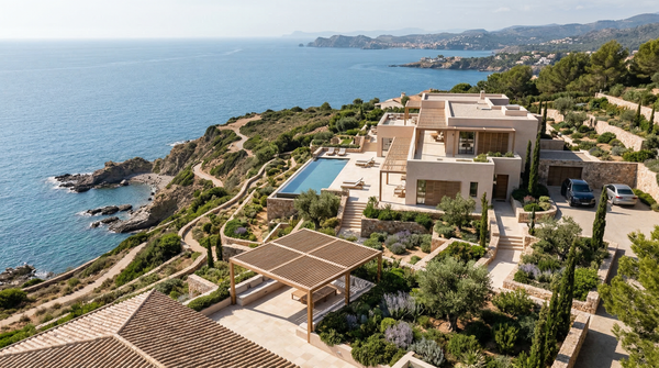 Elevated context view of a modern villa on a coastal bluff with terraces, pool, and sea beyond. Elevated context view of a modern villa on a coastal bluff with terraces, pool, and sea beyond.
