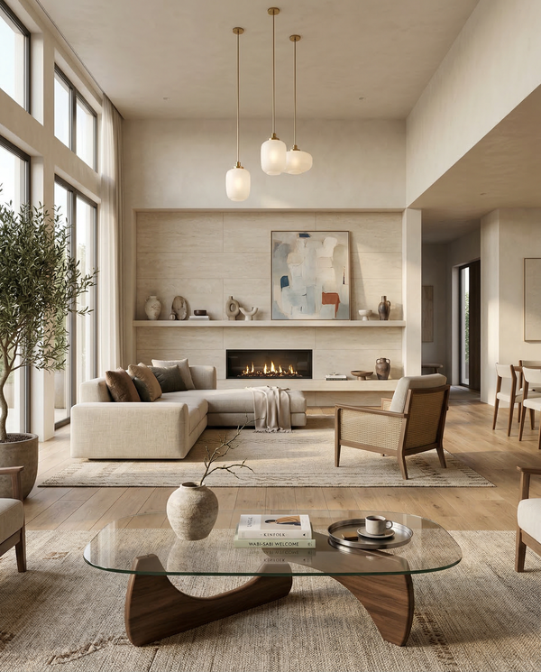 Sunlit modern living room with low-slung sectional, marble fireplace, sculptural vases and warm oak floors. Sunlit modern living room with low-slung sectional, marble fireplace, sculptural vases and warm oak floors.