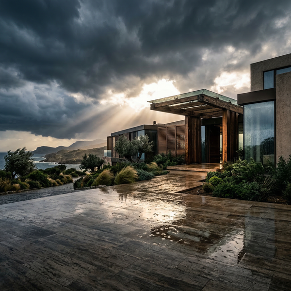 Square mood study of a modern villa under dramatic storm clouds with wet paving and dynamic light. Square mood study of a modern villa under dramatic storm clouds with wet paving and dynamic light.