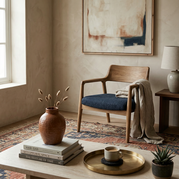 Square vignette of a sculptural terracotta vase on a stone table with kilim rug and warm plaster wall. Square vignette of a sculptural terracotta vase on a stone table with kilim rug and warm plaster wall.