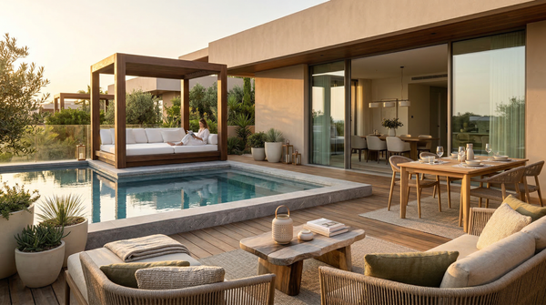 Cinematic terrace pool lounge at golden hour showing indoor-outdoor flow, teak decking and styled seating. Cinematic terrace pool lounge at golden hour showing indoor-outdoor flow, teak decking and styled seating.