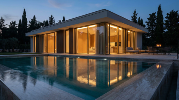 Twilight exterior of modern villa with reflective pool and warm interior glow at blue hour. Twilight exterior of modern villa with reflective pool and warm interior glow at blue hour.