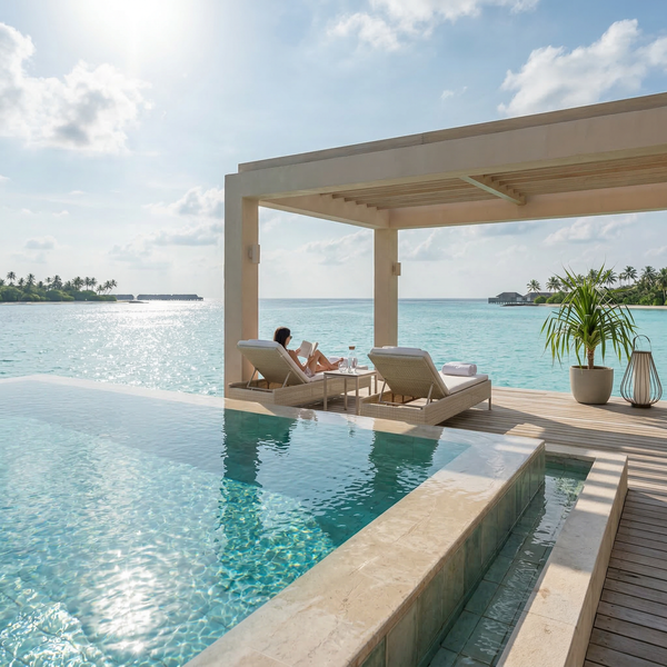 Square view of an infinity pool terrace blending into the turquoise lagoon with lounge seating.