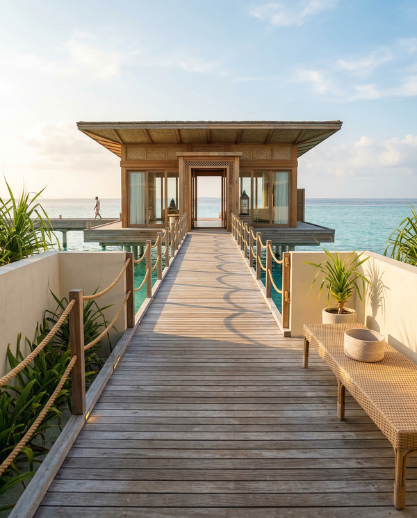 Boardwalk approach to an overwater villa at early morning with a single figure for scale.